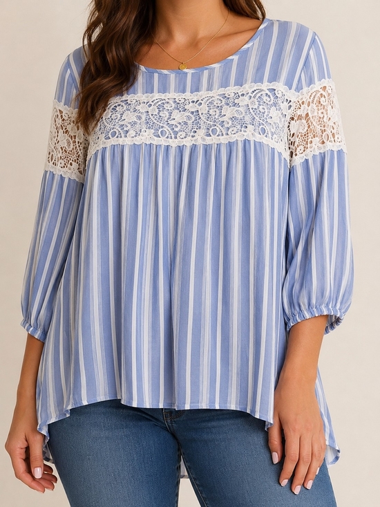 torrid Tops - Torrid Blue & White Striped Lace Blouse Size 00 Plus 3/4 Sleeve Peasant Cottagec